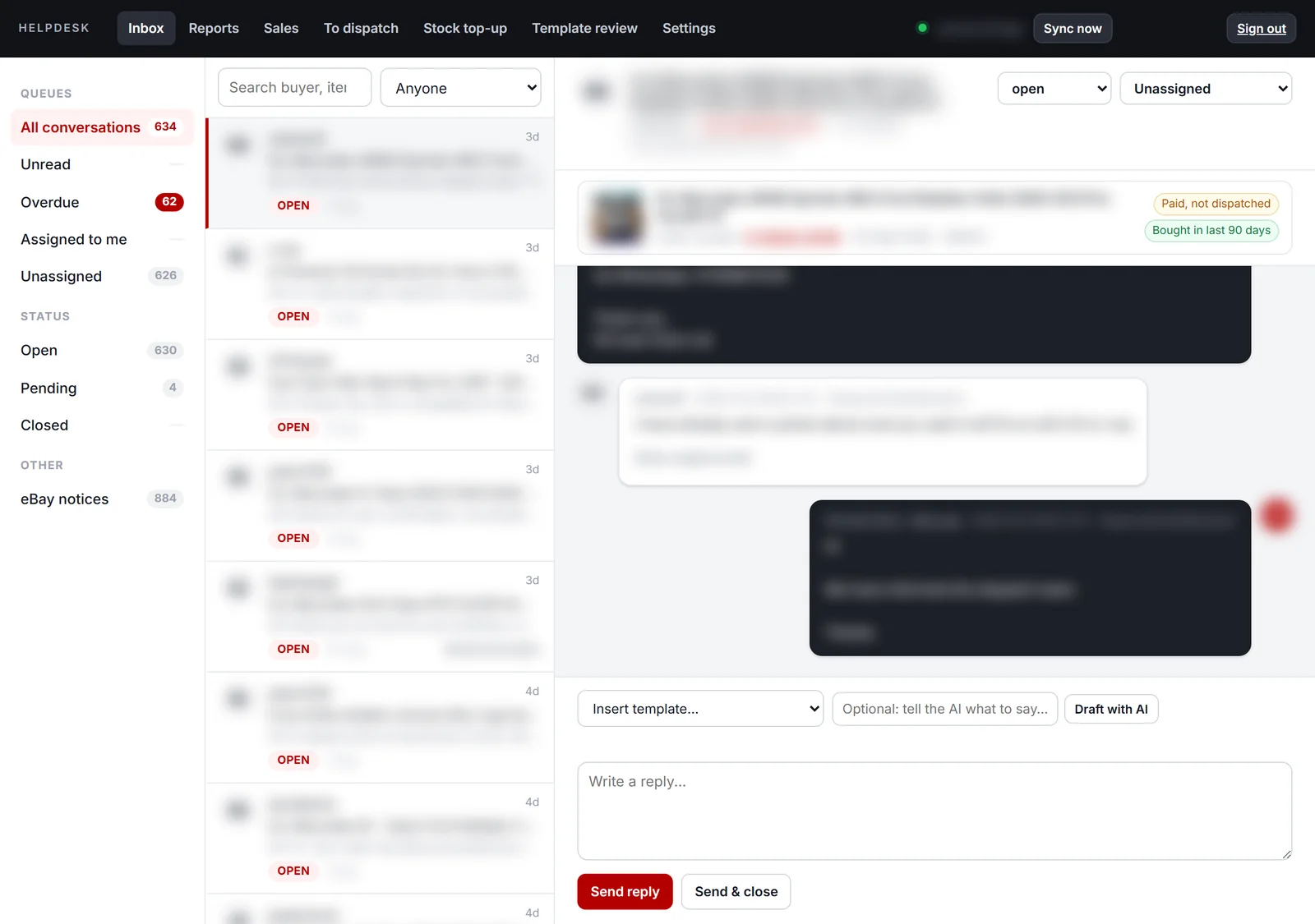 Helpdesk inbox with a conversation, the buyer order panel and the Draft with AI button