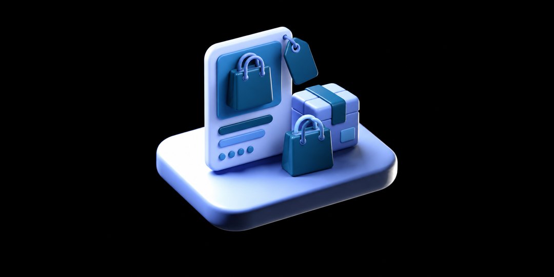 3D illustration of a marketplace product listing with shopping bags and a parcel